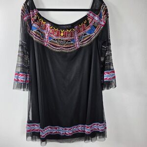 Vintage Collection Black Mesh Embroidered Beaded Square Neck Bell Sleeve Dress M